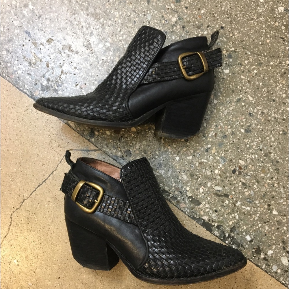 Jeffrey Campbell Black Woven Ankle Boots with Gold Buckle
